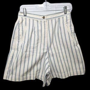 DKNY Jeans Shorts Women 10 Denim White Blue Pinstripe High Waisted Bermuda Mom